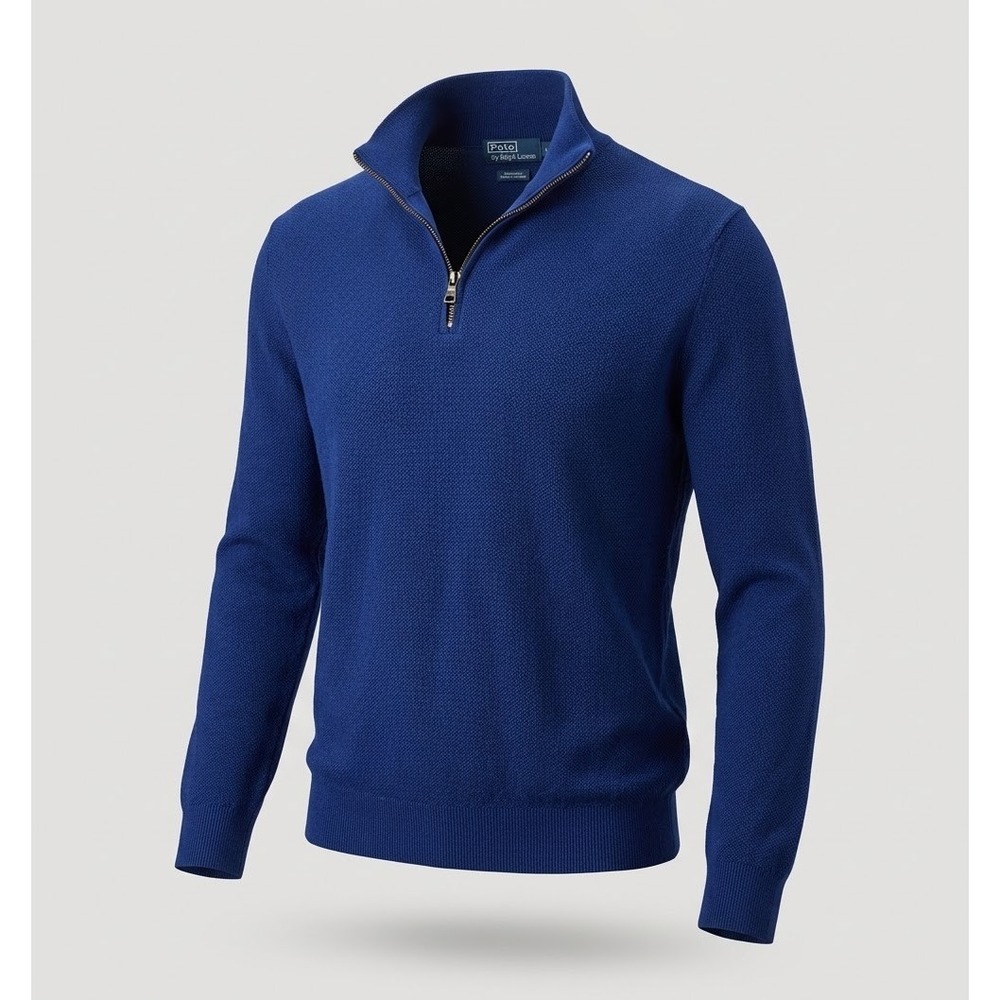 Polo Ralph Lauren Vintage Men's Blue Knit Cotton Cashmere 1/4 Zip Sweater. Sz L